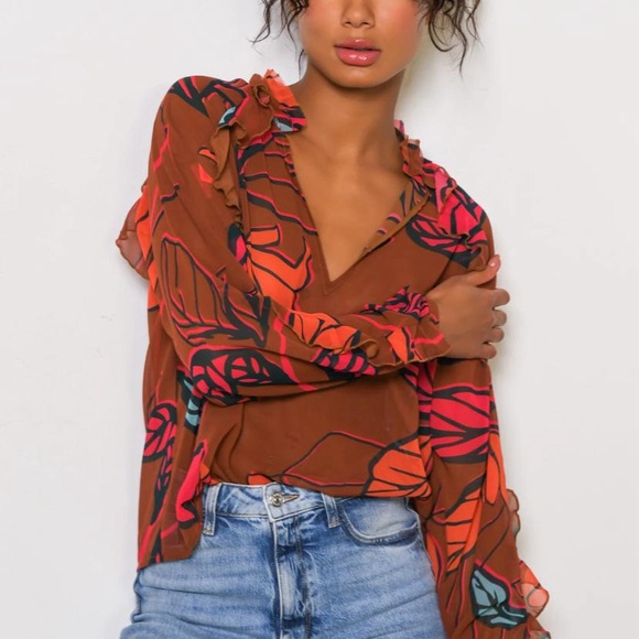 Hutch Tops - Hutch V-Neck Ruffle Hayes Top Rust Floral Top NWT